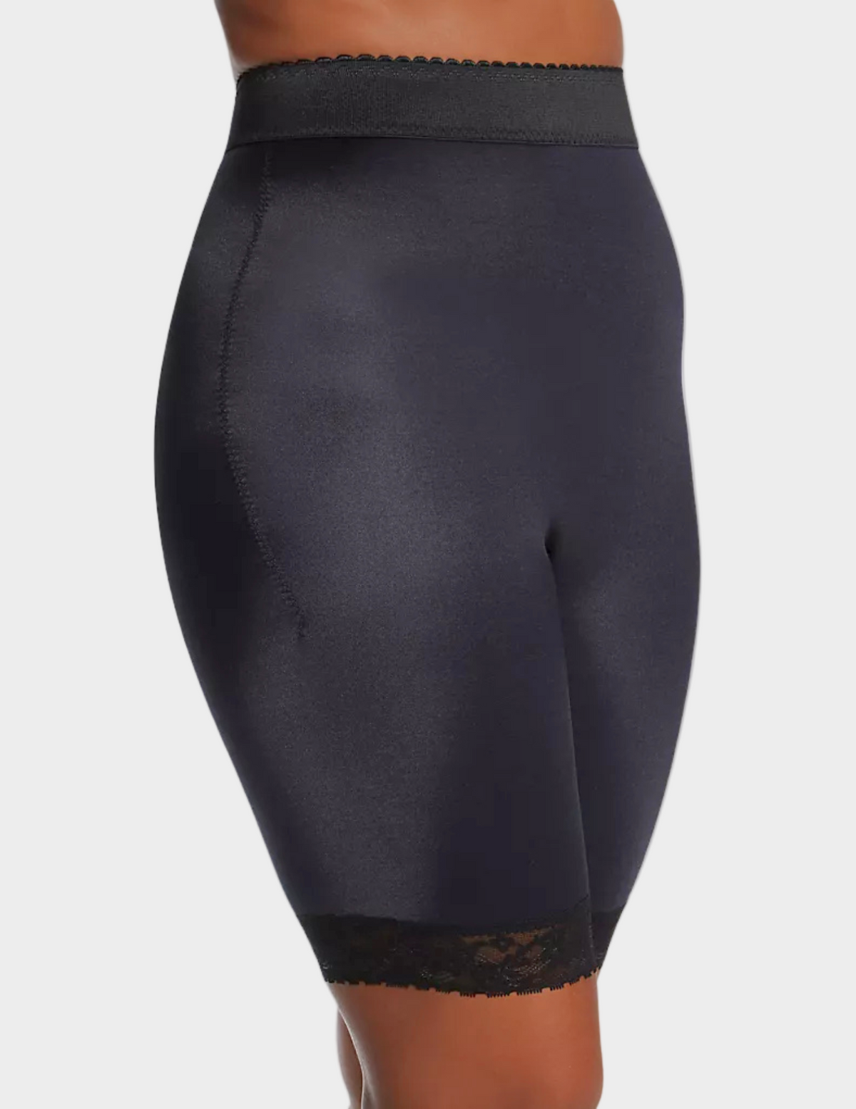 Side view of model wearing black rago 518 leg shaper