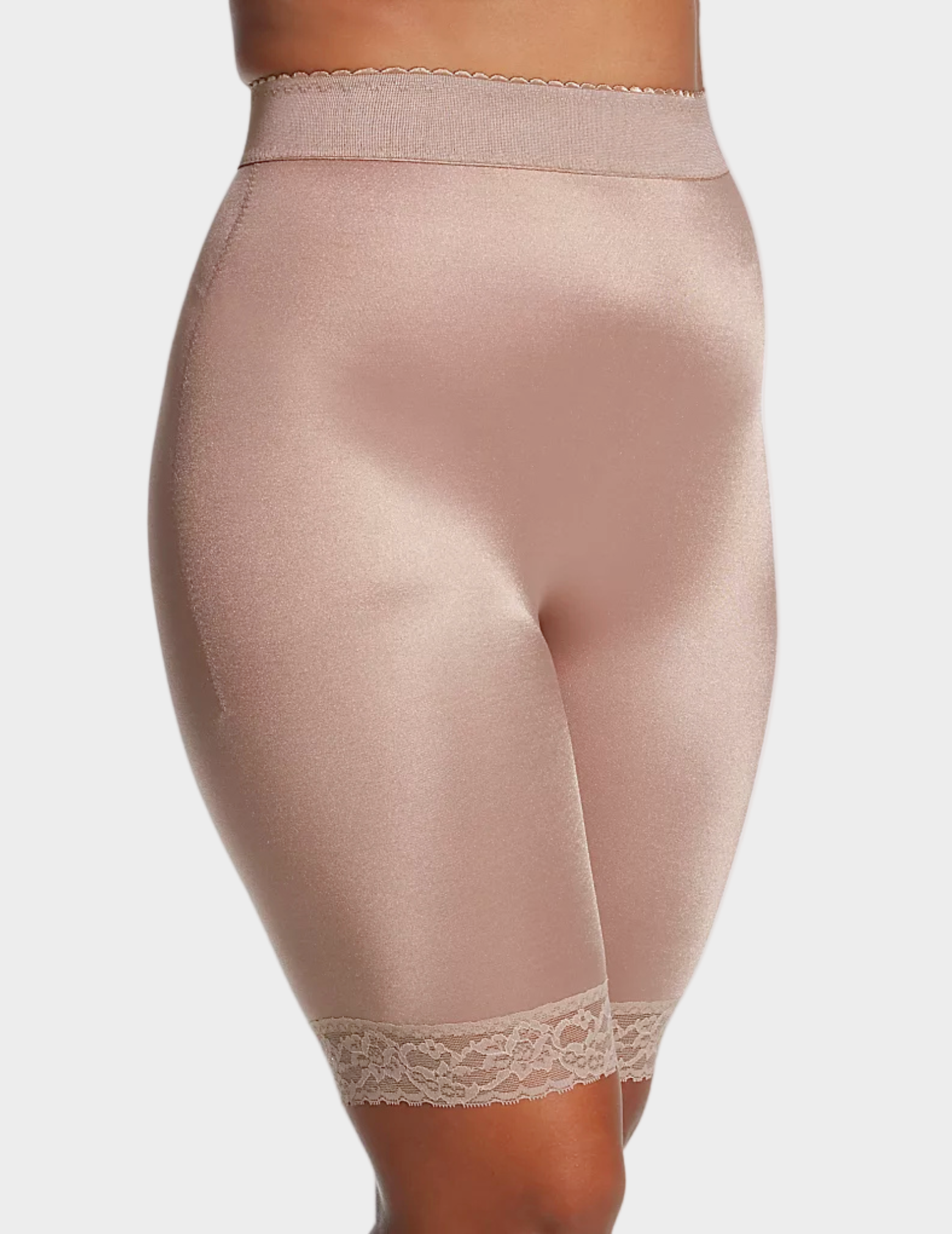 Side view of model wearing mocha rago 518 leg shaper