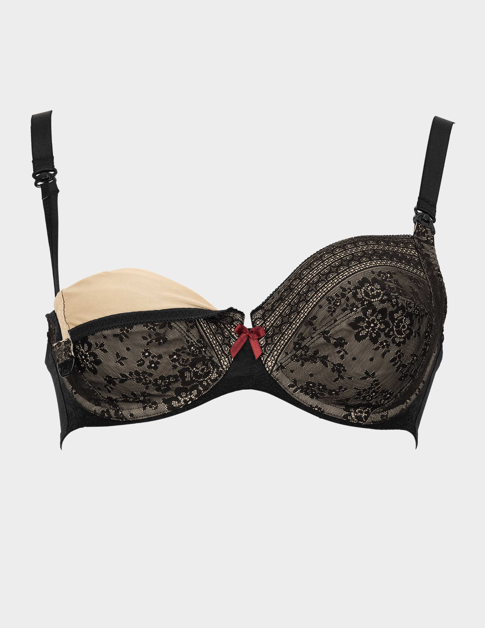 Front view of Anita Fleur nursing bra in color Black with cup unclipped