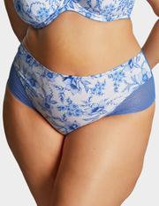 Front view of a model wearing Sculptresse Bliss brief in Blue Floral