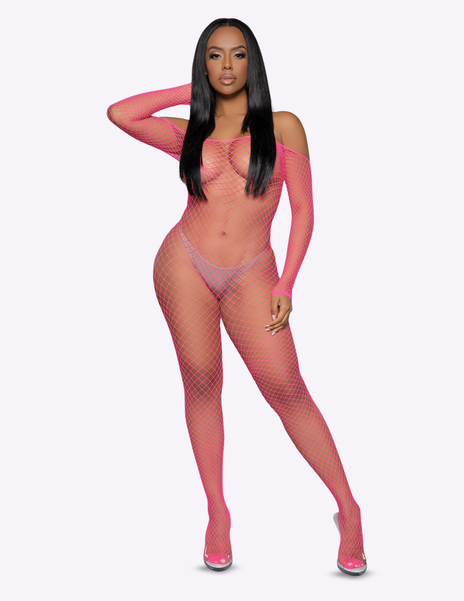 Model wearing a pink fishnet bodysuit on a white background