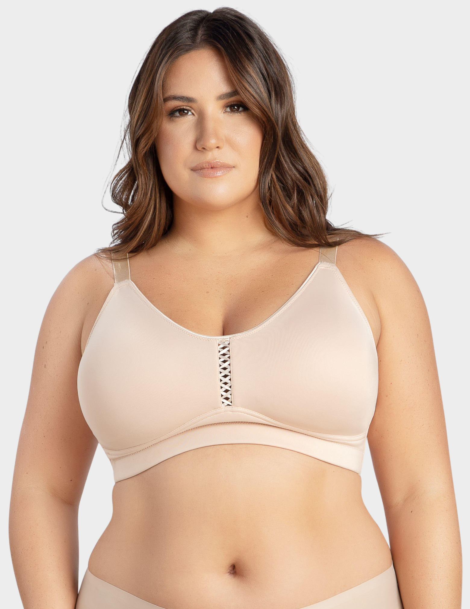 Front view of a model wearing Parfait Erika bralette in Bare