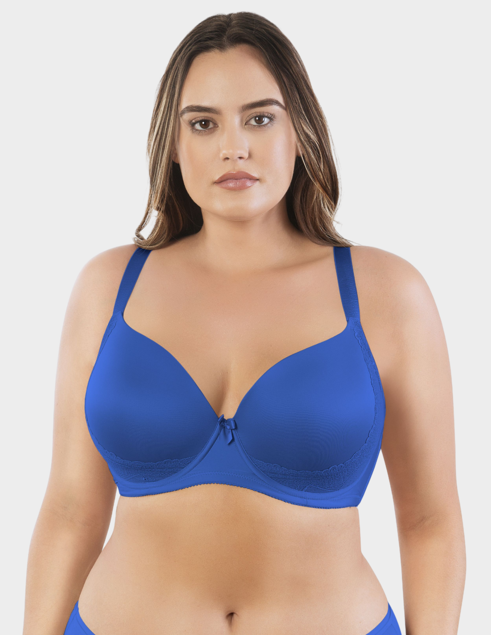 Front view of a model wearing Parfait Casey plunge bra in Nautical Blue