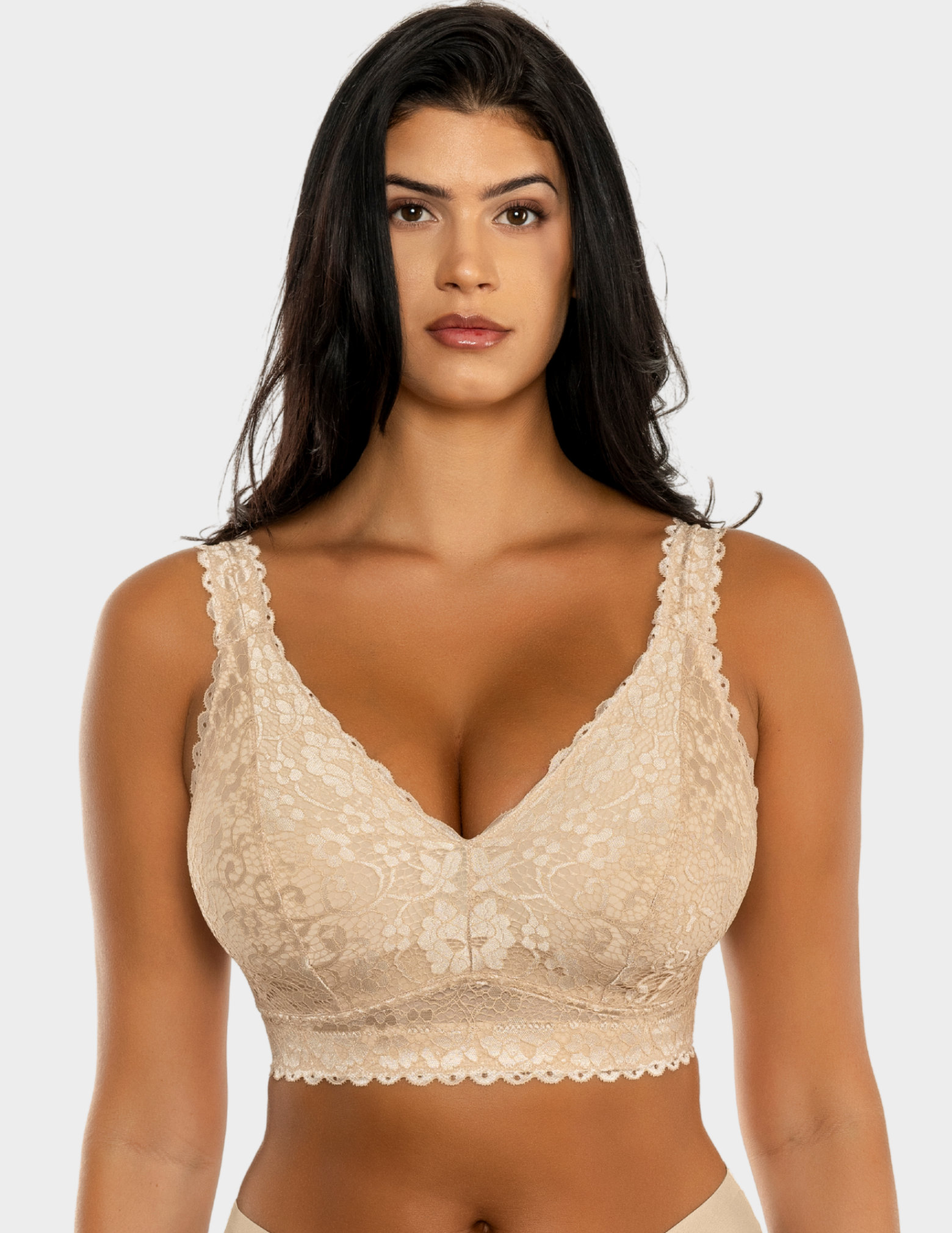 Front view of a model wearing Parfait Adriana bralette in Bare