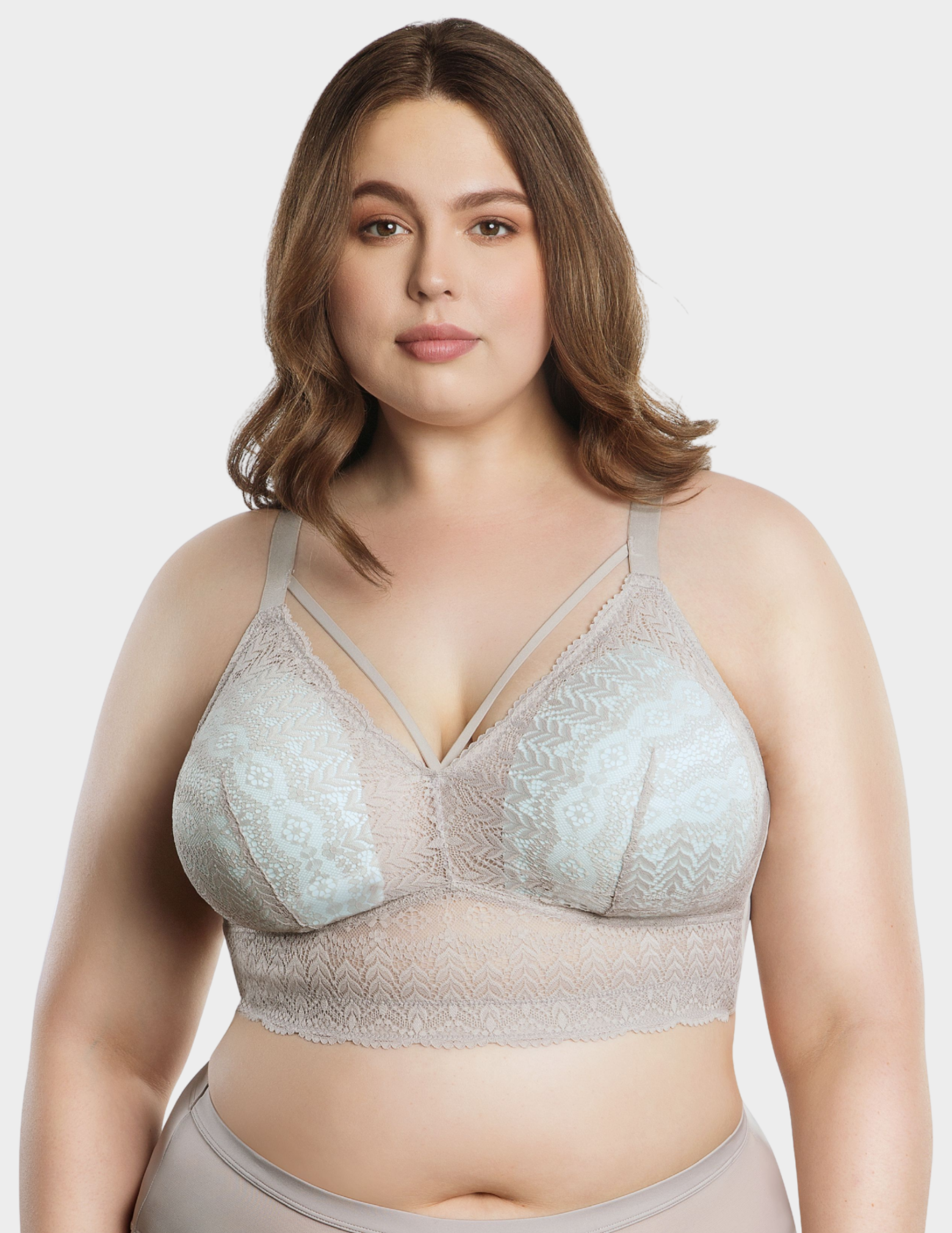 Front view of a model wearing Parfait Mia bralette in Sandstone