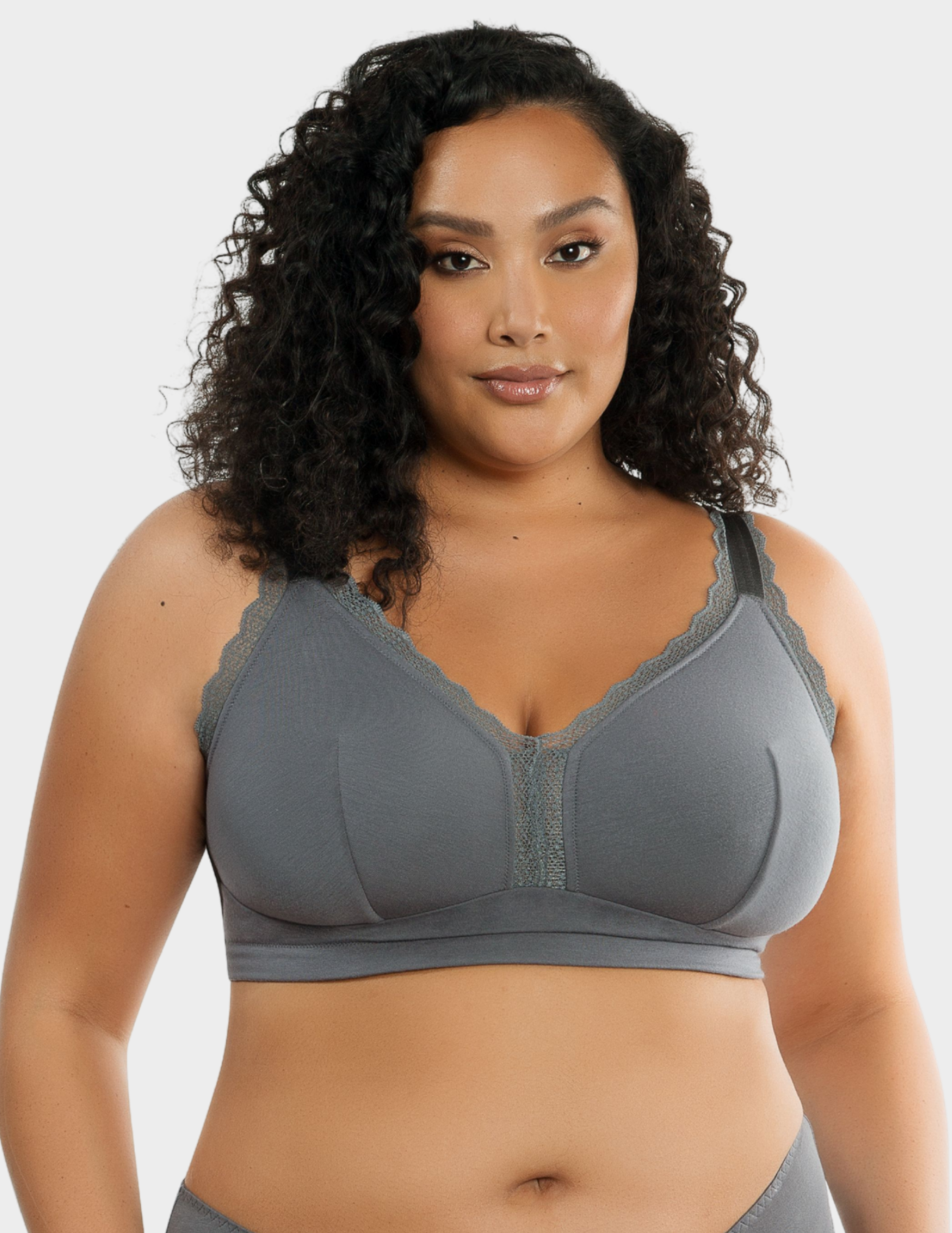 Front view of a model wearing Parfait Dalis bralette in Charcoal