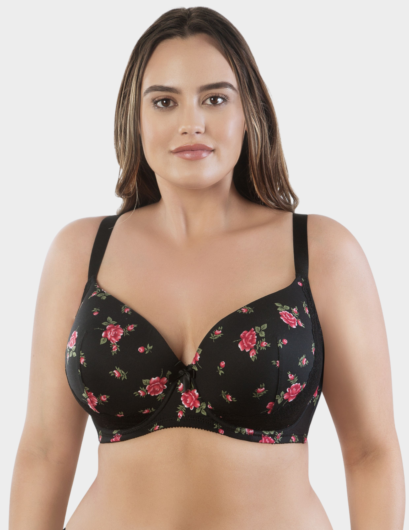 Front view of a model wearing Parfait Casey plunge bra in Black Rose Print
