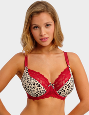 Front view of a model wearing Freya Cherish Me plunge bra in Red Leopard