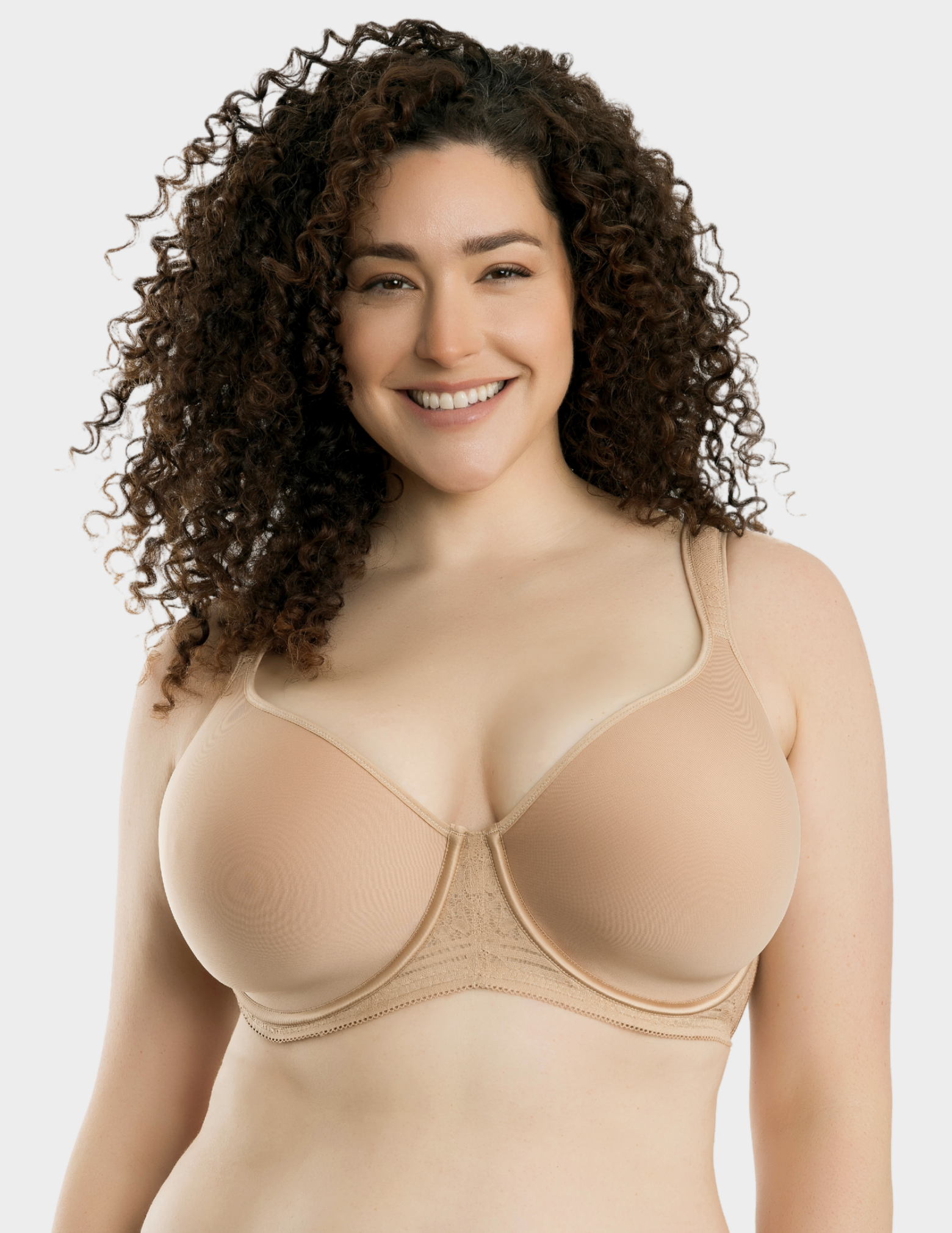 Front view of a model wearing Parfait Bliss t shirt bra in warm sand