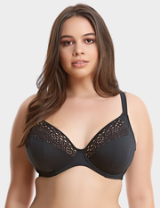 Front view of a model wearing Elomi Indie bikini top in black