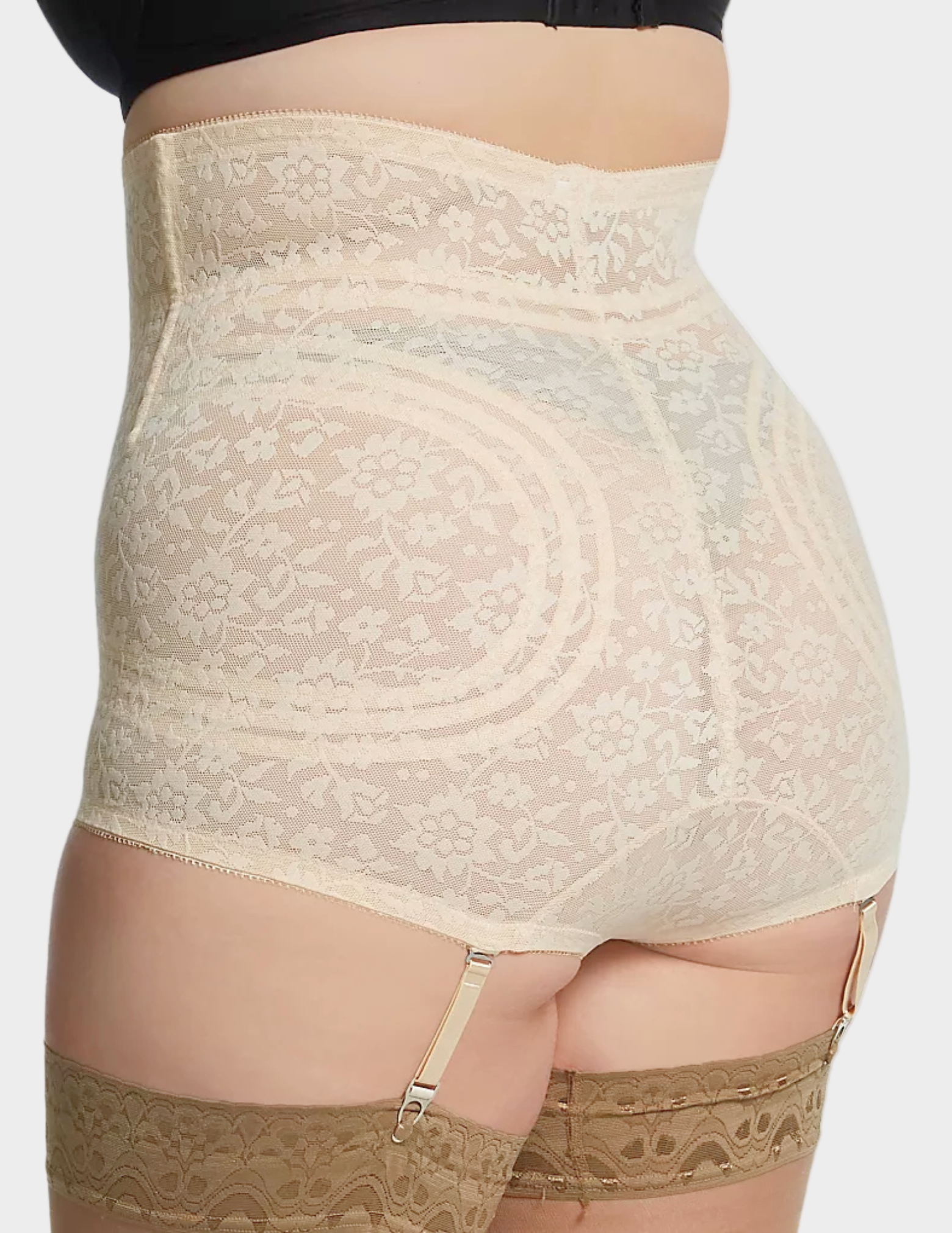 Back view of plus-size model wearing Rago High Waist Shaping Panty in Beige