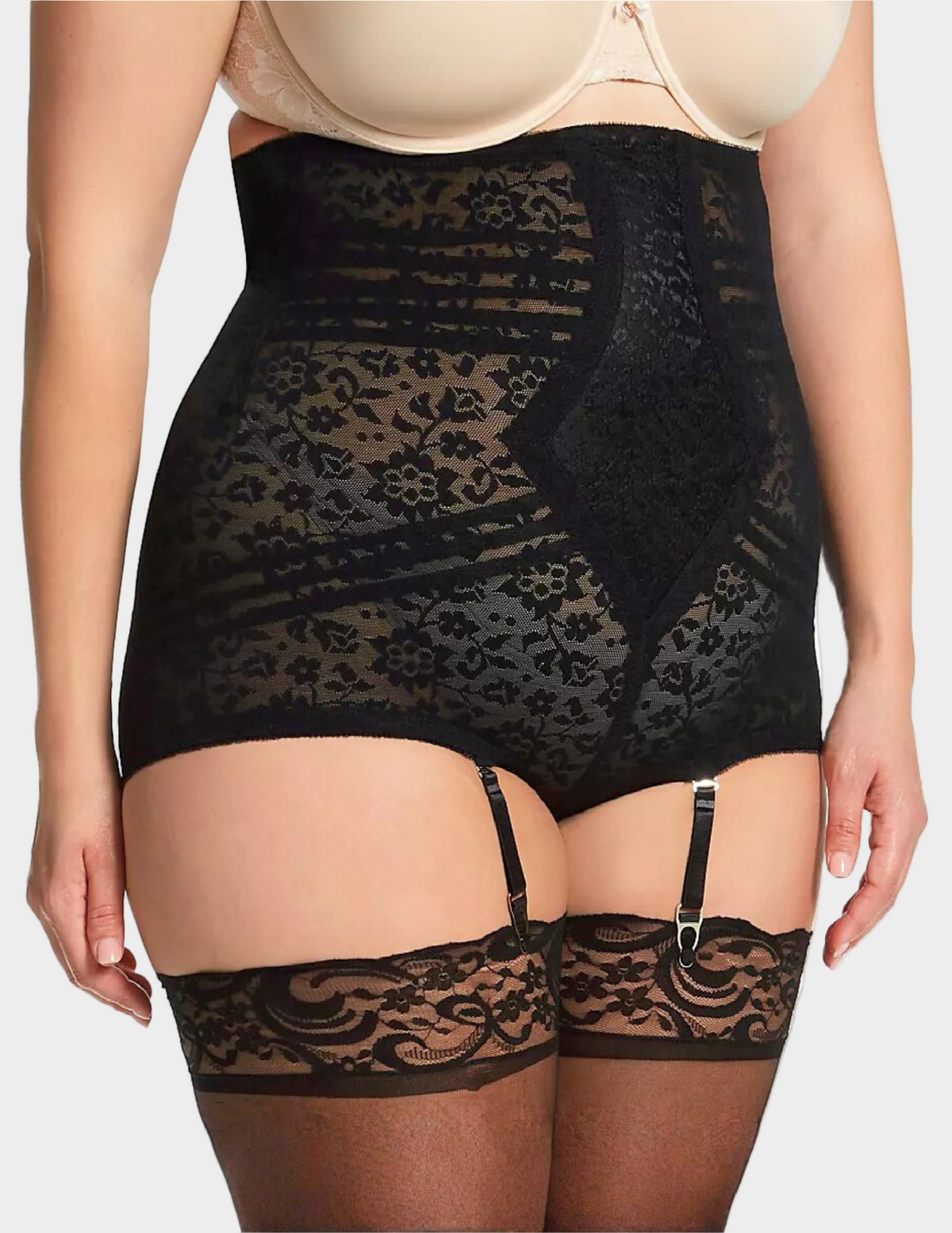 Side view of plus-size model wearing Rago High Waist Shaping Panty in Black