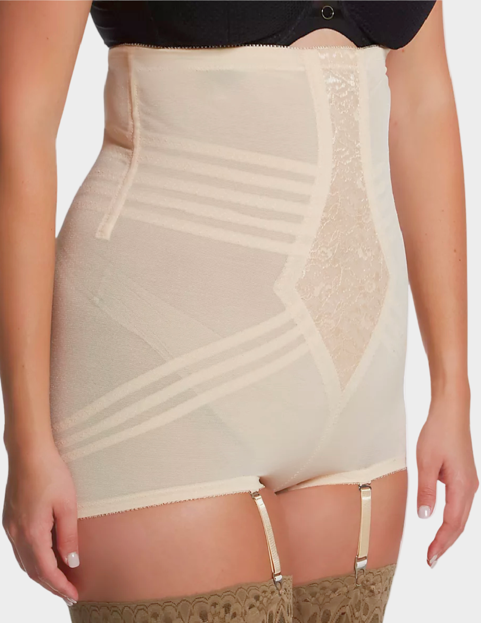Side view of plus-size model wearing beige Rago 6109 high waist shaping panty