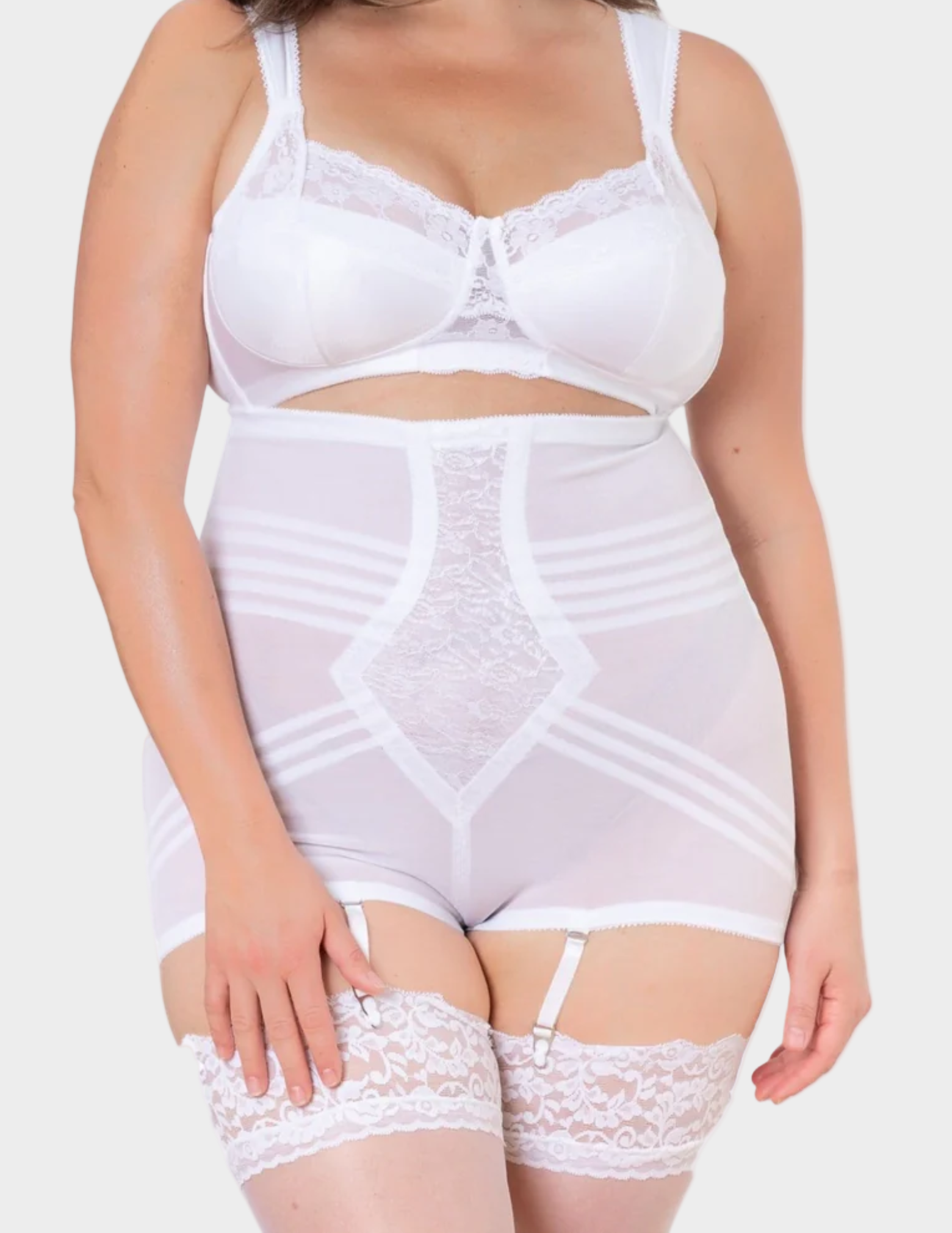 Front view of plus-size model wearing white Rago 6109 high waist shaping panty
