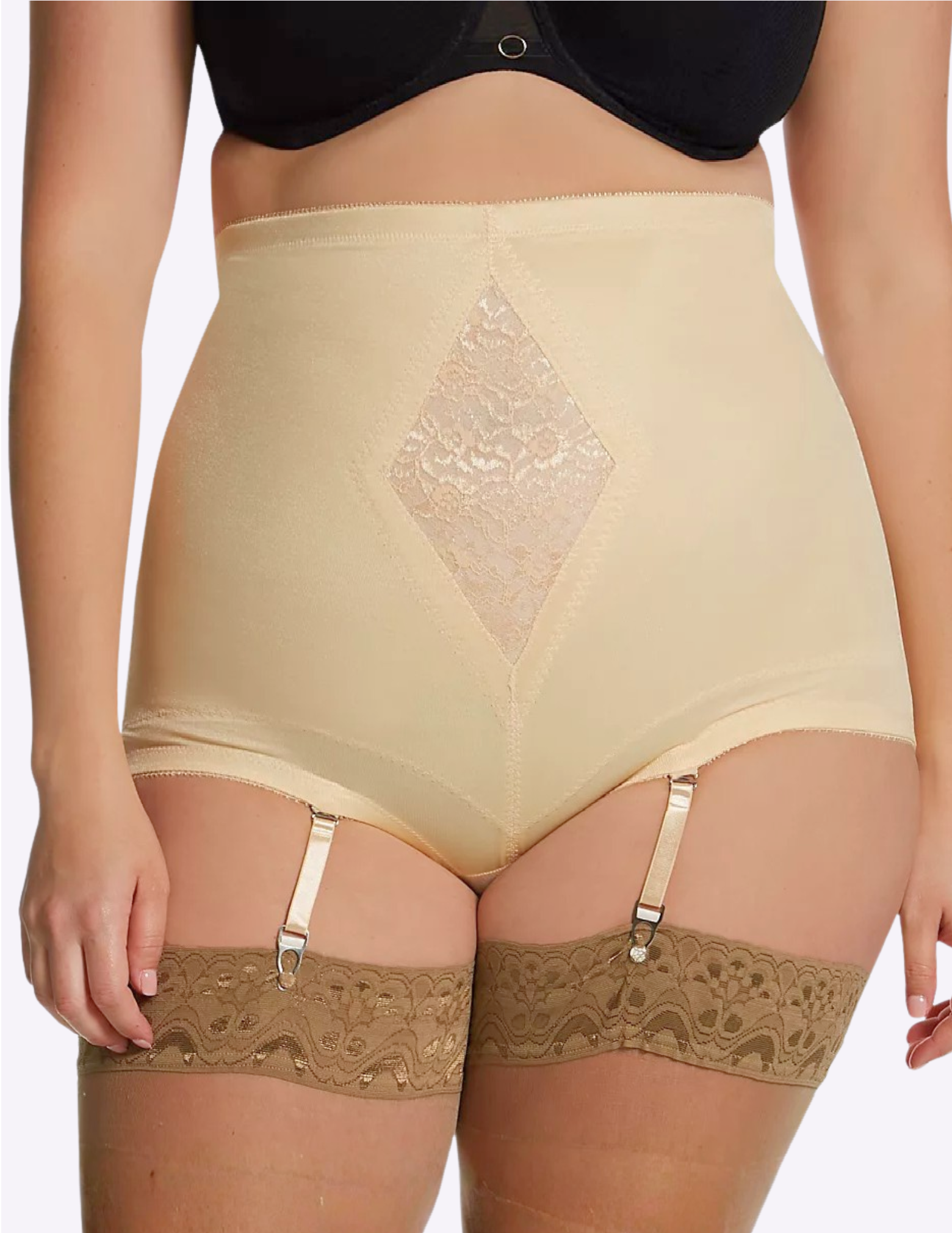 Front view of a curvy model wearing Rago 6195 beige shaping panty