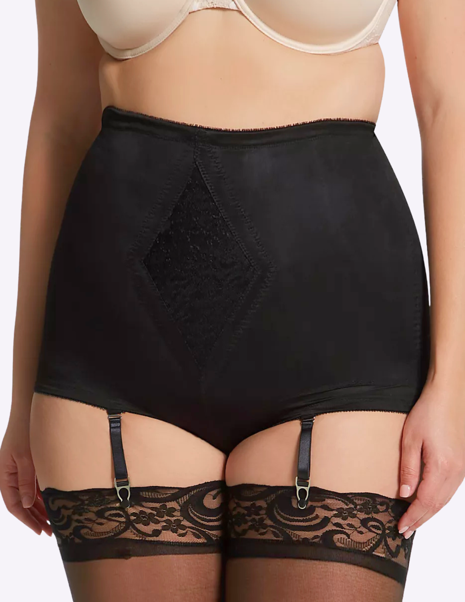 Front view of a curvy model wearing Rago 6195 black shaping panty