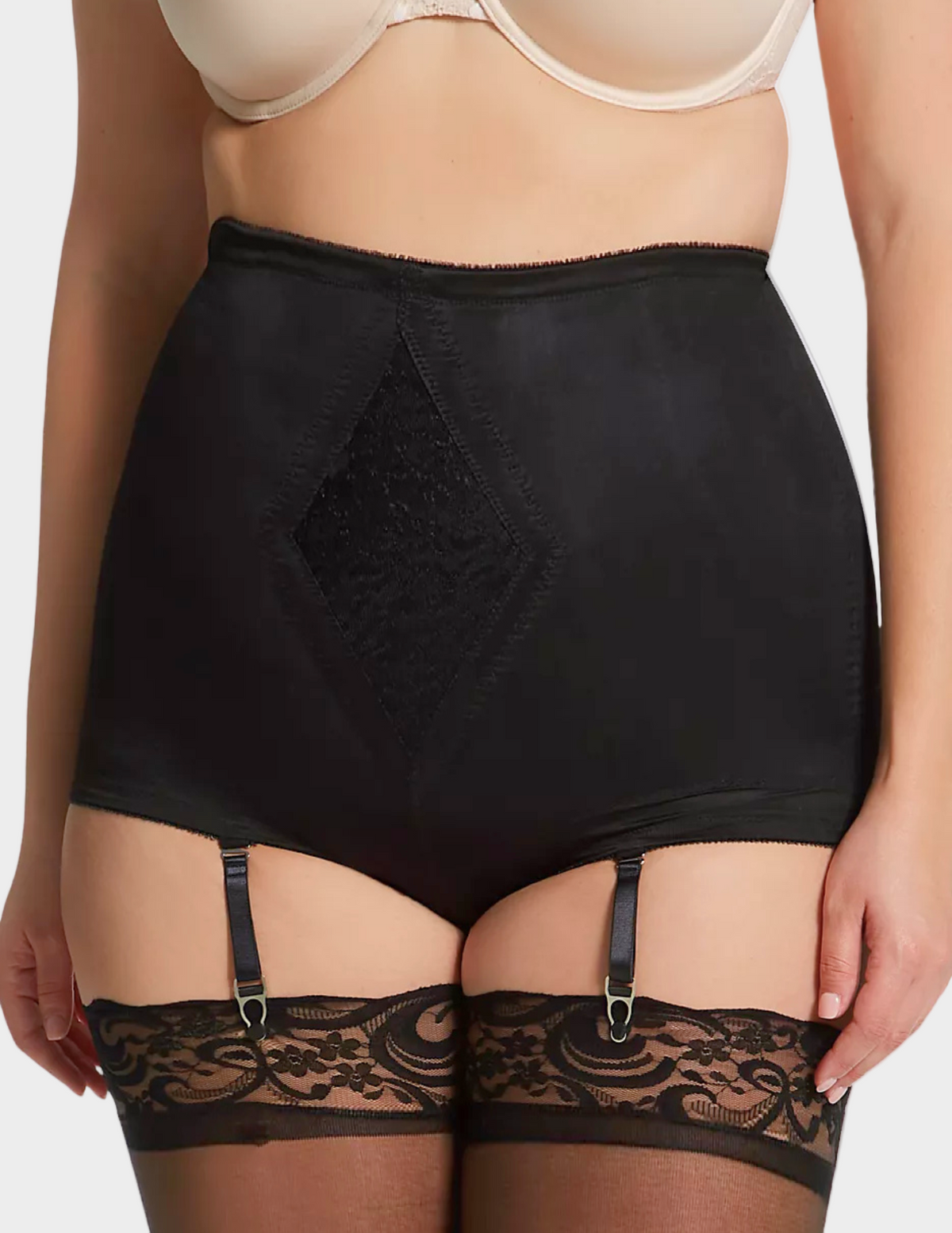 Front view of a curvy model wearing Rago 6195 black shaping panty