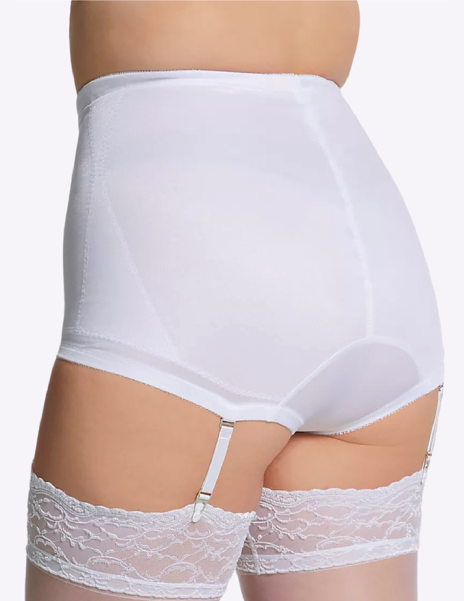 Back view of a curvy model wearing Rago 6195 white shaping panty