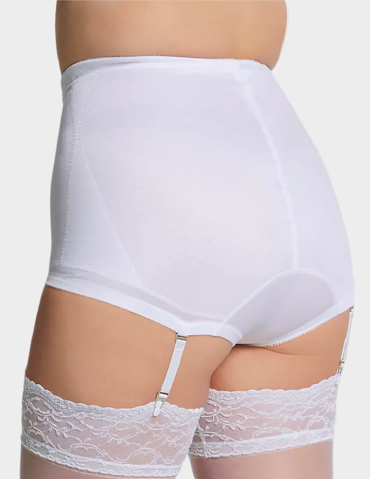 Back view of a curvy model wearing Rago 6195 white shaping panty