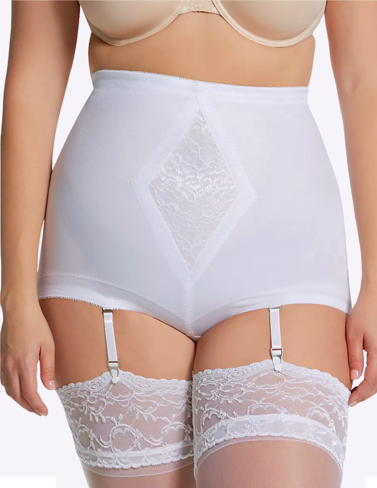 Front view of a curvy model wearing Rago 6195 white shaping panty