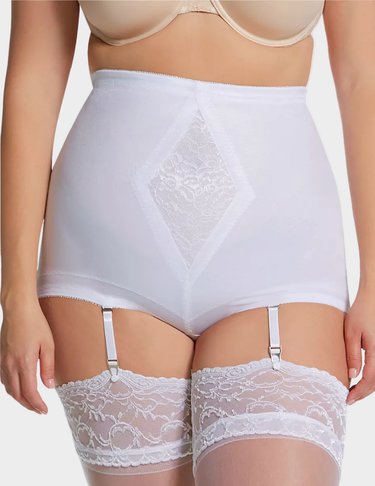 Front view of a curvy model wearing Rago 6195 white shaping panty