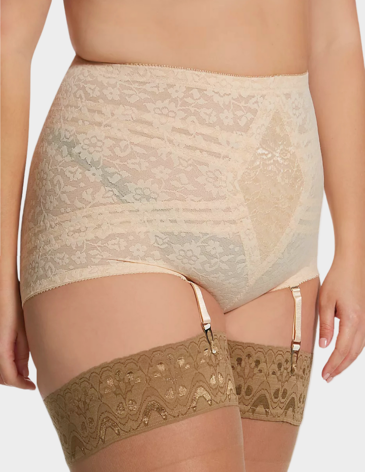 Side view of a model wearing beige Rago 6197 shaping panty