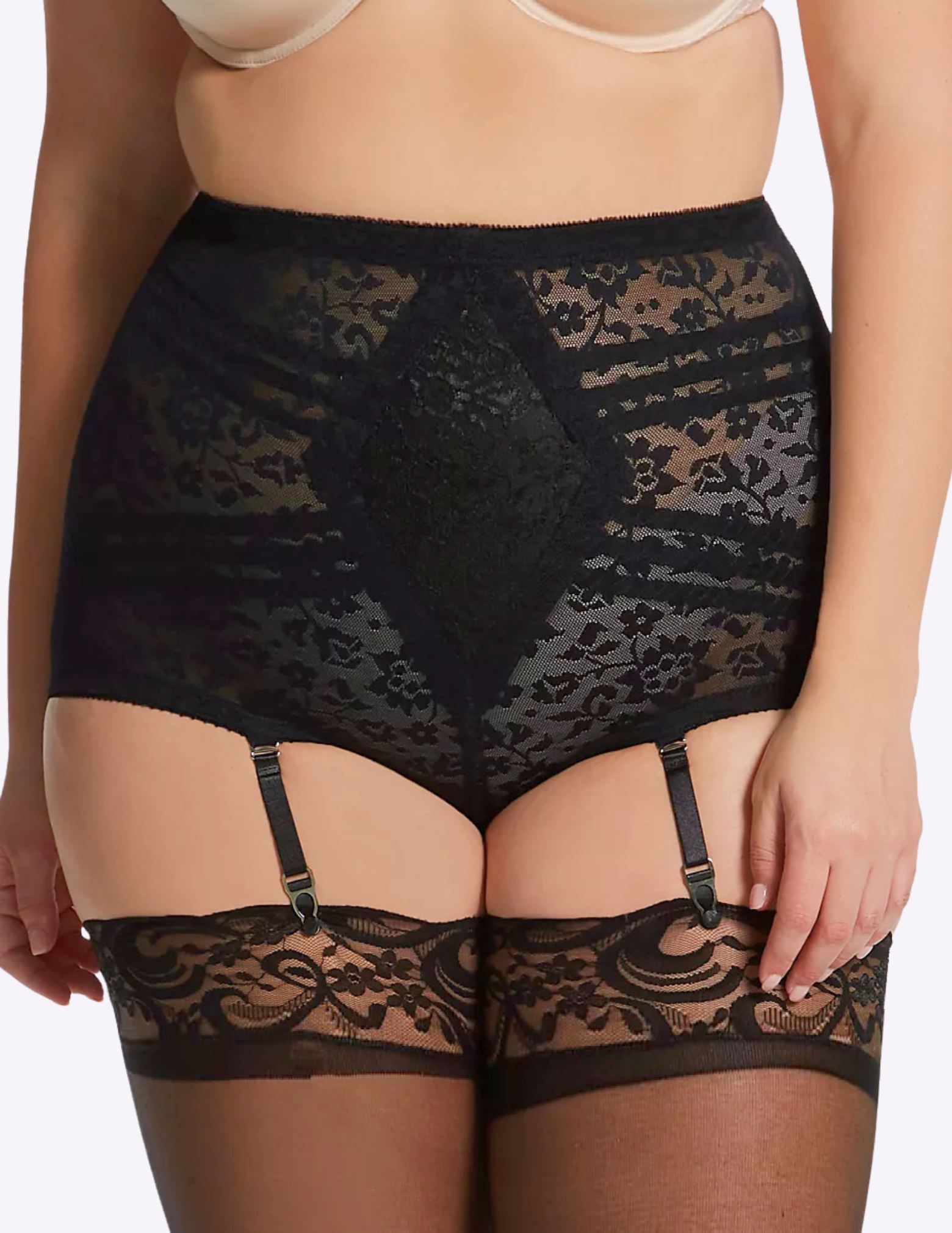 Front view of a model wearing black Rago 6197 shaping panty