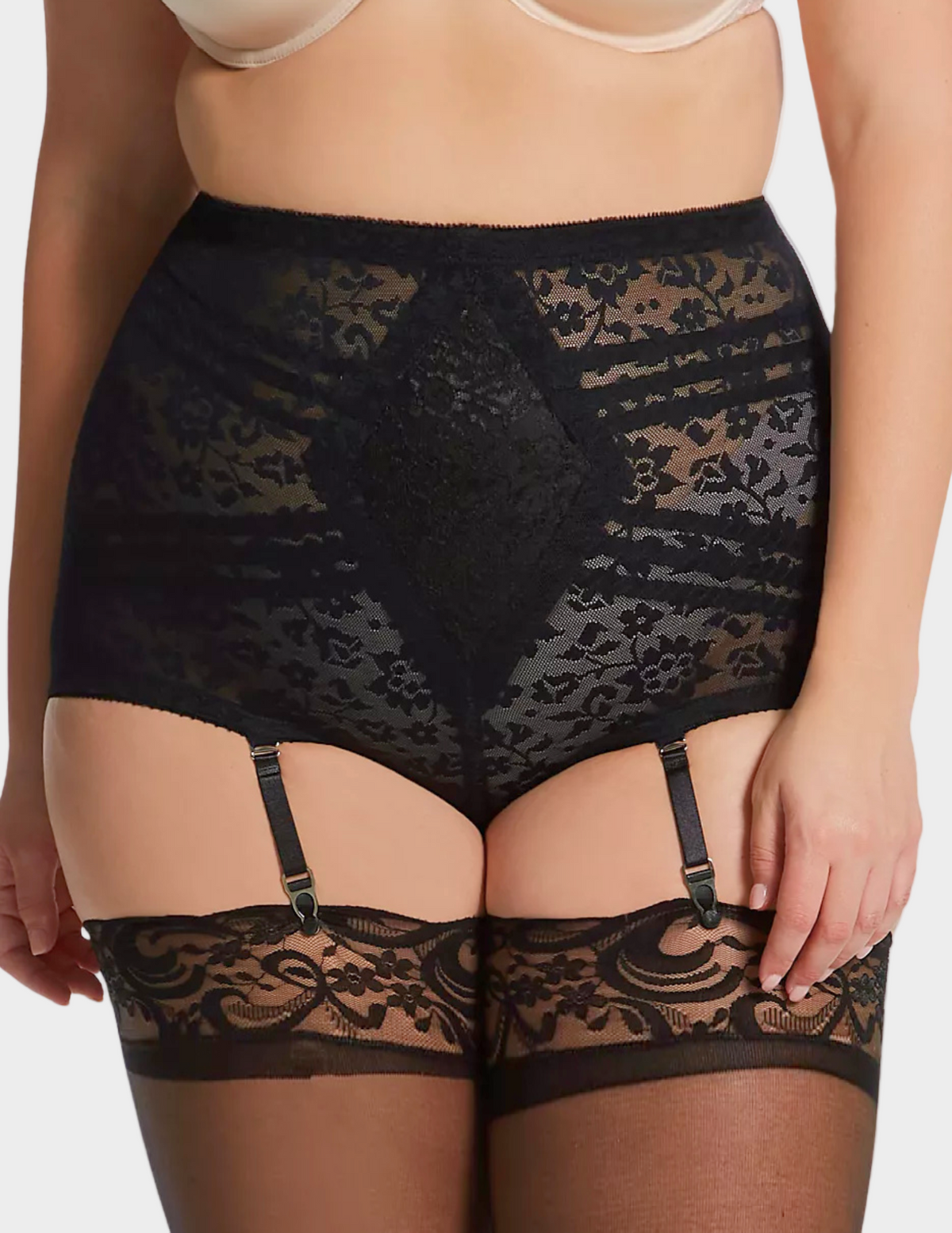 Front view of a model wearing black Rago 6197 shaping panty