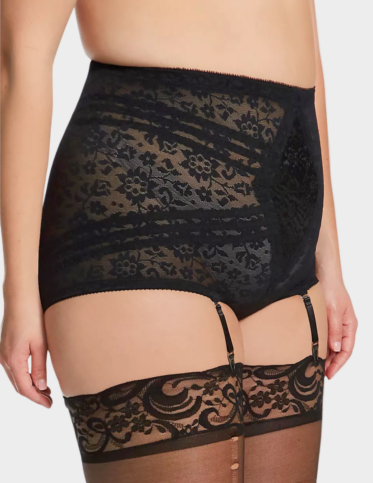 Side view of a model wearing black Rago 6197 shaping panty