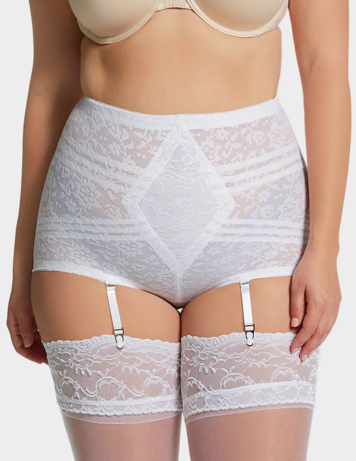 Front view of a model wearing white Rago 6197 shaping panty