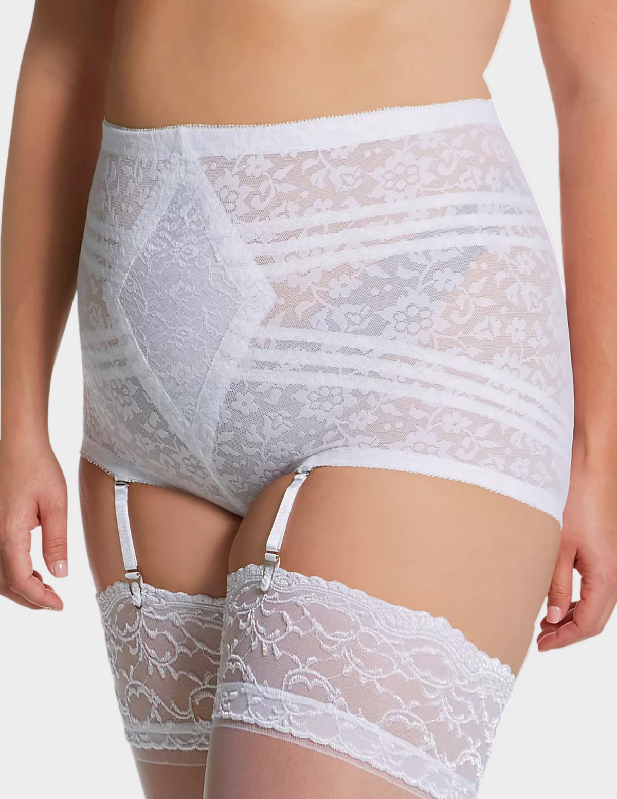 Side view of a model wearing white Rago 6197 shaping panty
