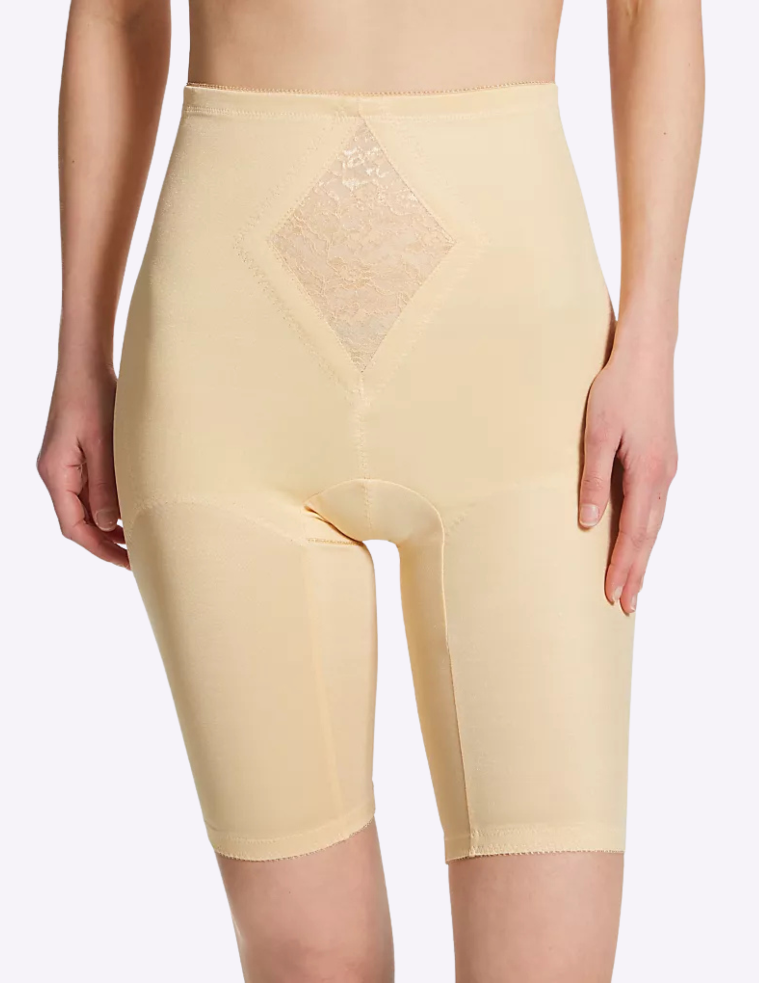 Front view of a model wearing Rago 6205 beige shaping shorts