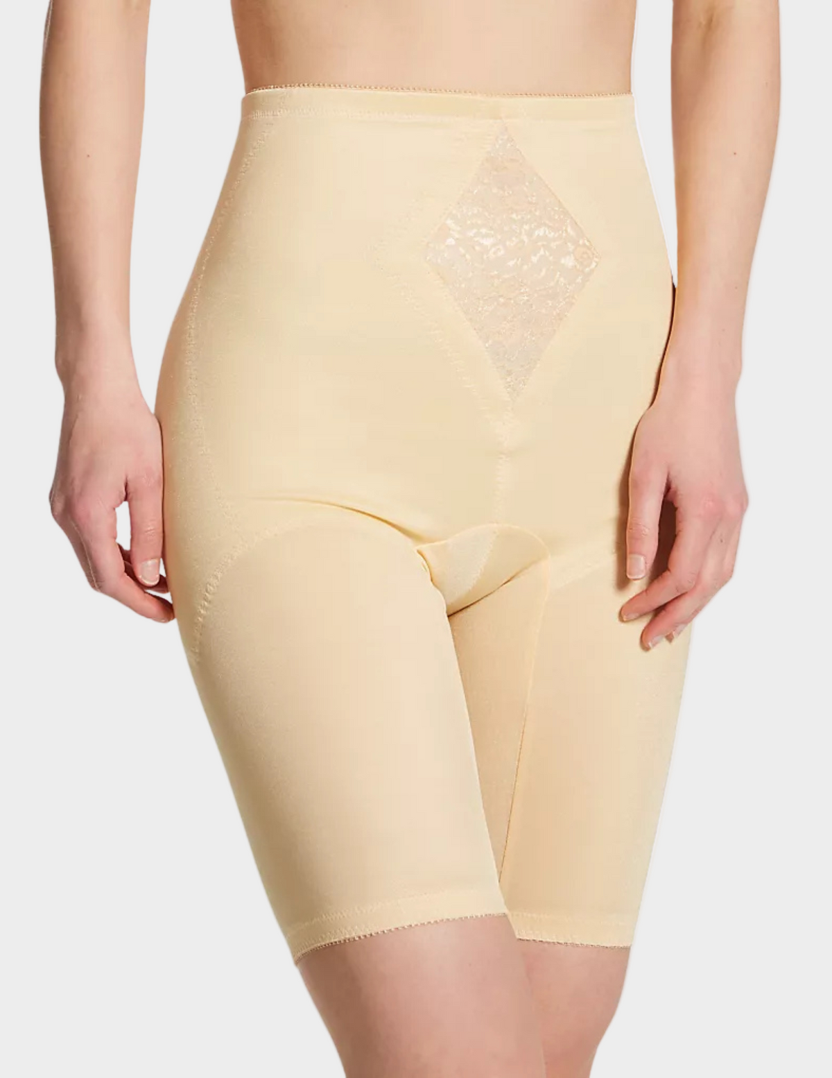 Side view of a model wearing Rago 6205 beige shaping shorts