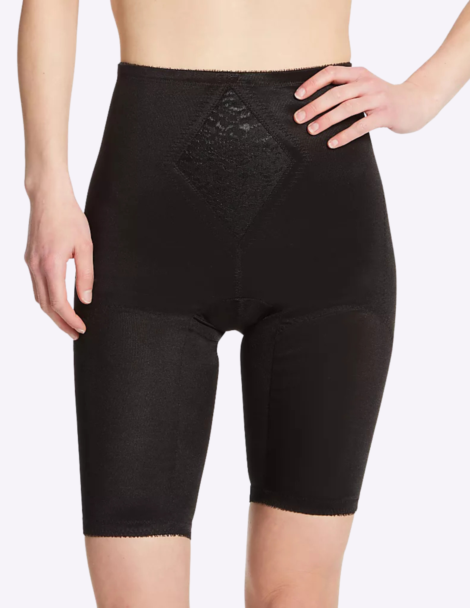 Front view of a model wearing Rago 6205 black shaping shorts