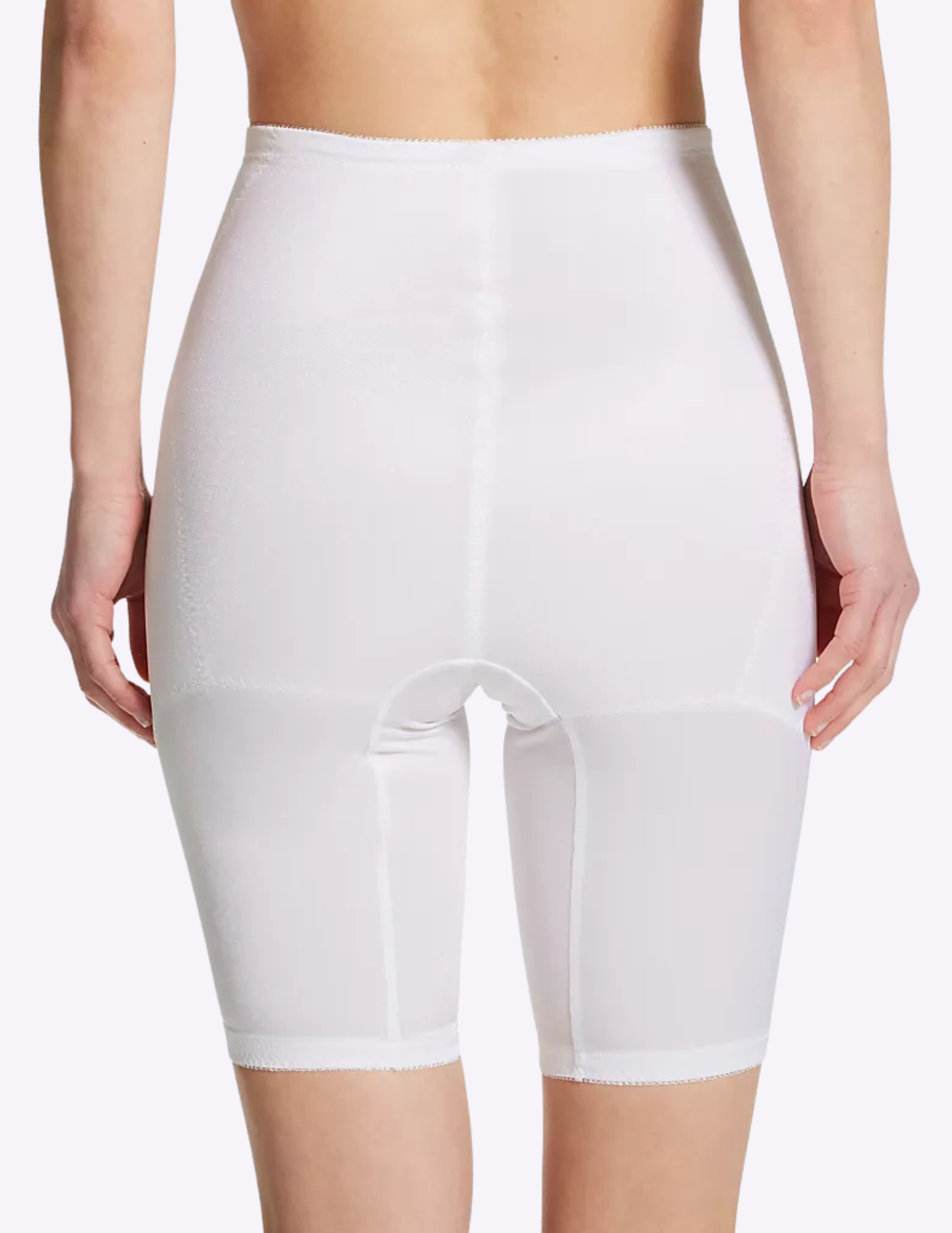 Back view of a model wearing Rago 6205 white shaping shorts