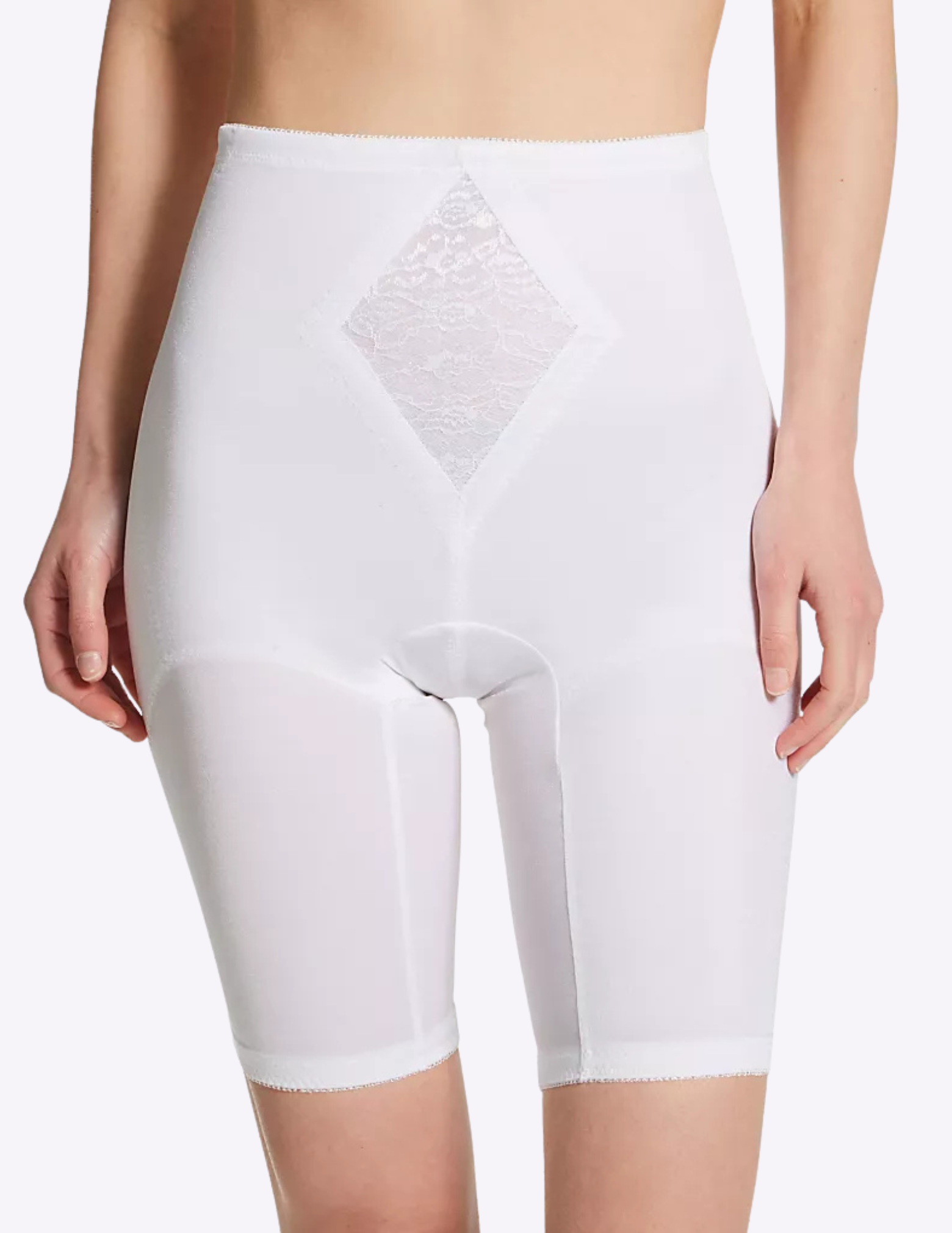 Front view of a model wearing Rago 6205 white shaping shorts