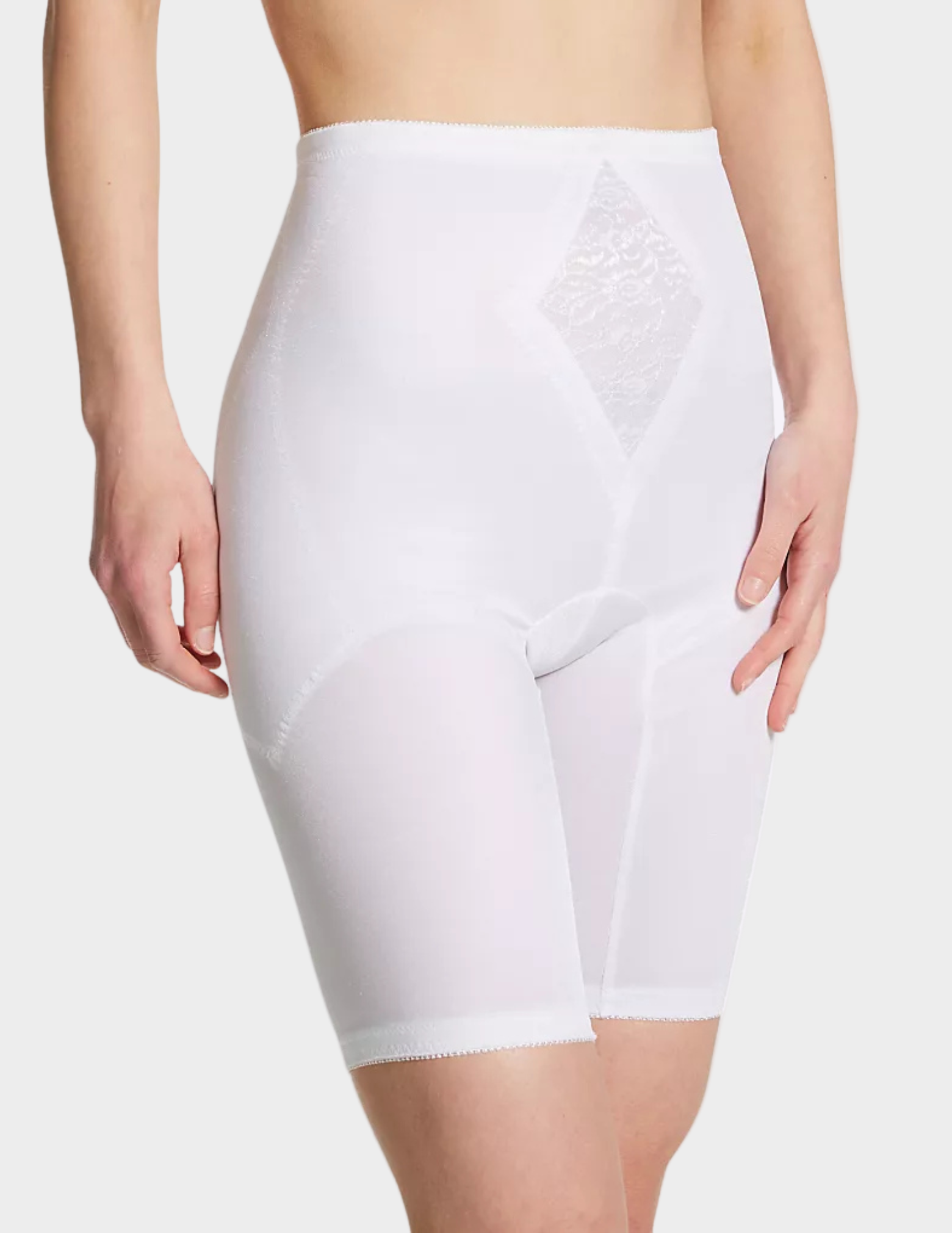 Side view of a model wearing Rago 6205 white shaping shorts