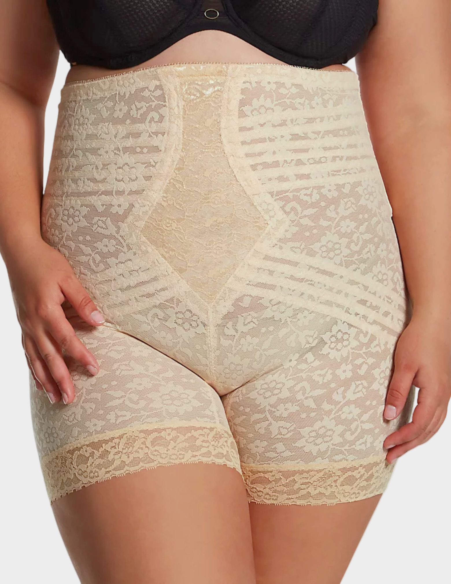 Front view of plus-size model wearing Rago Lacette 6207 in beige