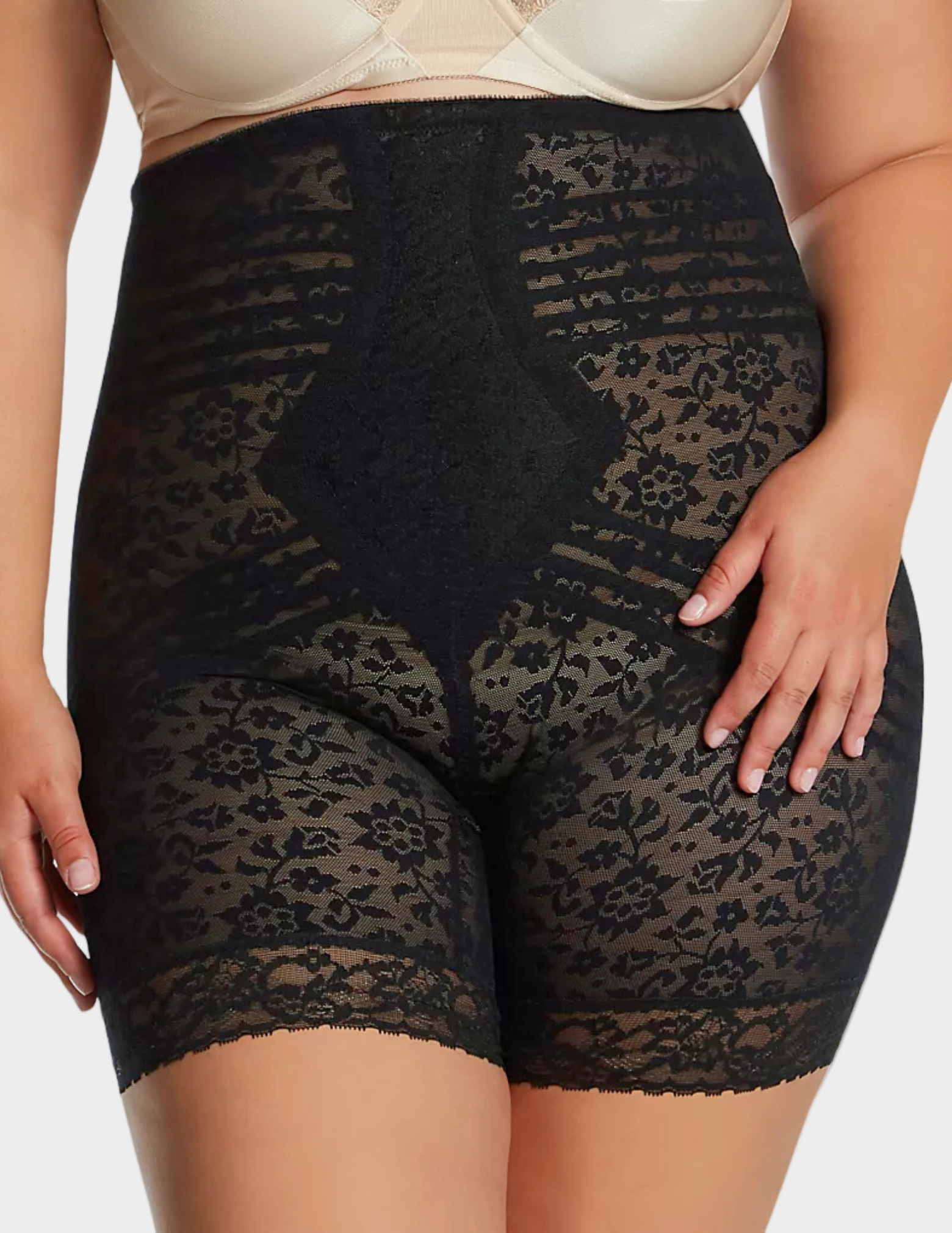 Front view of plus-size model wearing Rago Lacette 6207 in black