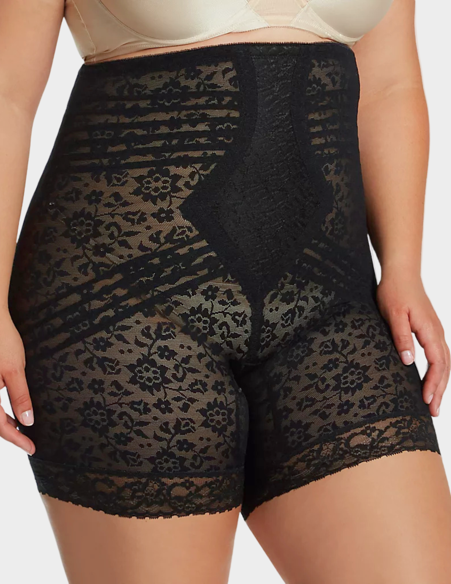 Side view of plus-size model wearing Rago Lacette 6207 in black