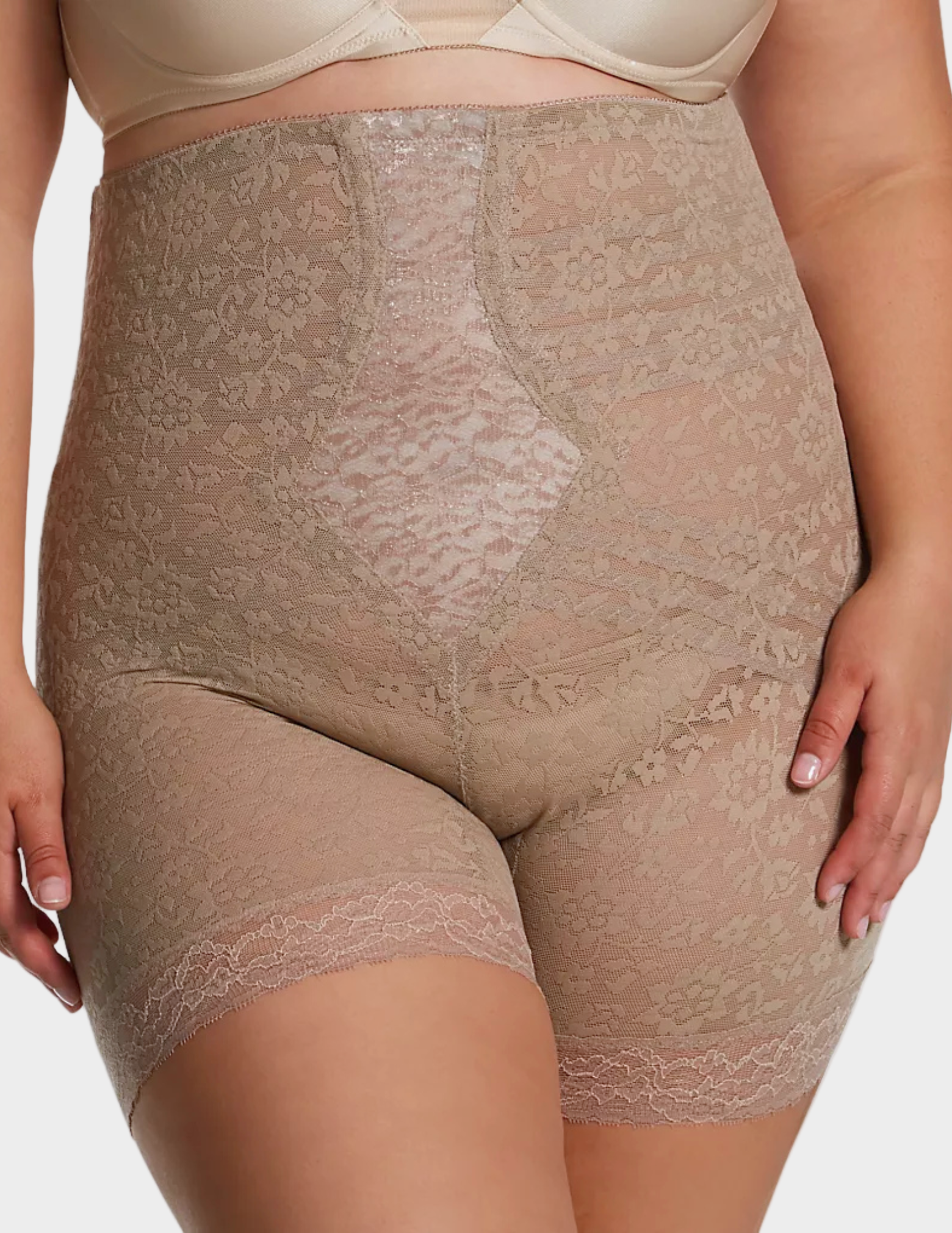 Front view of plus-size model wearing Rago Lacette 6207 in mocha