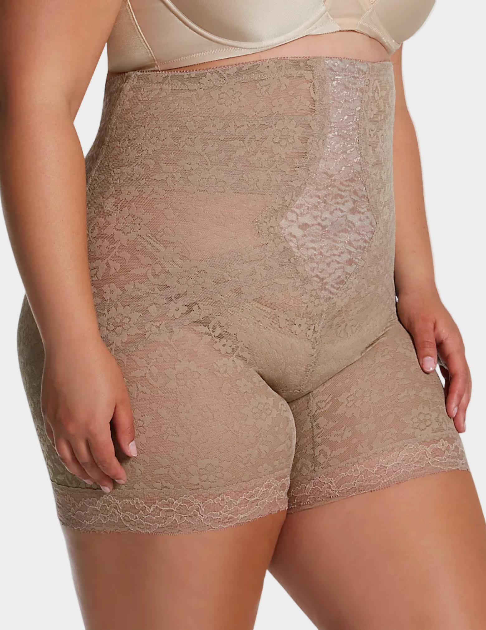 Side view of plus-size model wearing Rago Lacette 6207 in mocha