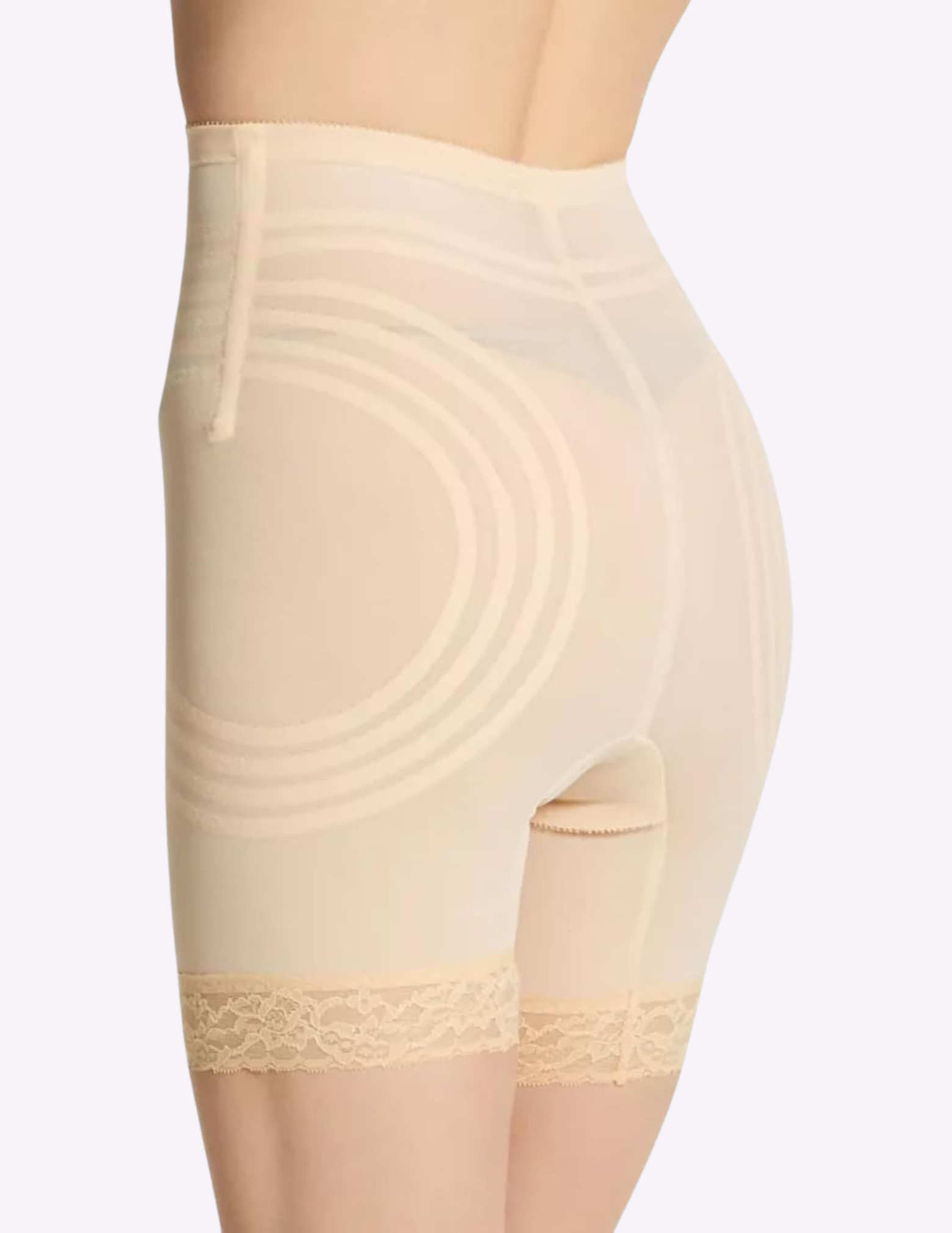 Back view of model wearing beige rago 6209 thigh slimmer