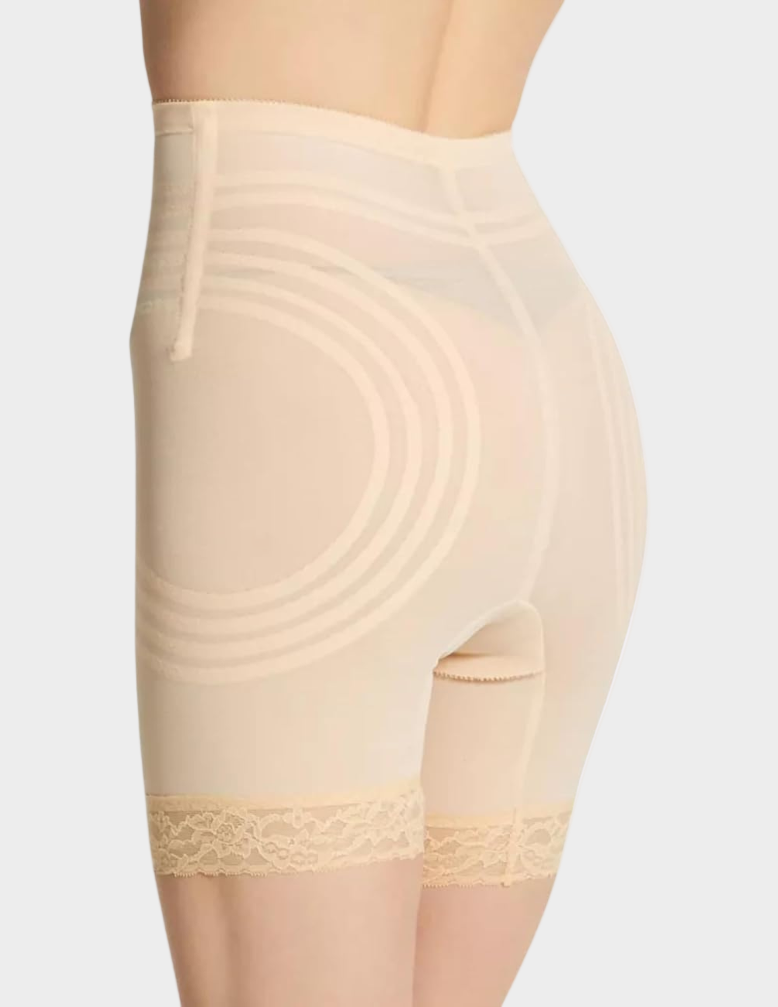 Back view of model wearing beige rago 6209 thigh slimmer