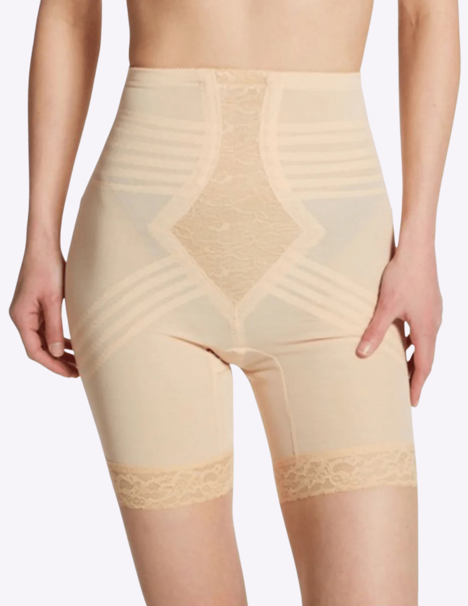 Front view of model wearing beige rago 6209 thigh slimmer