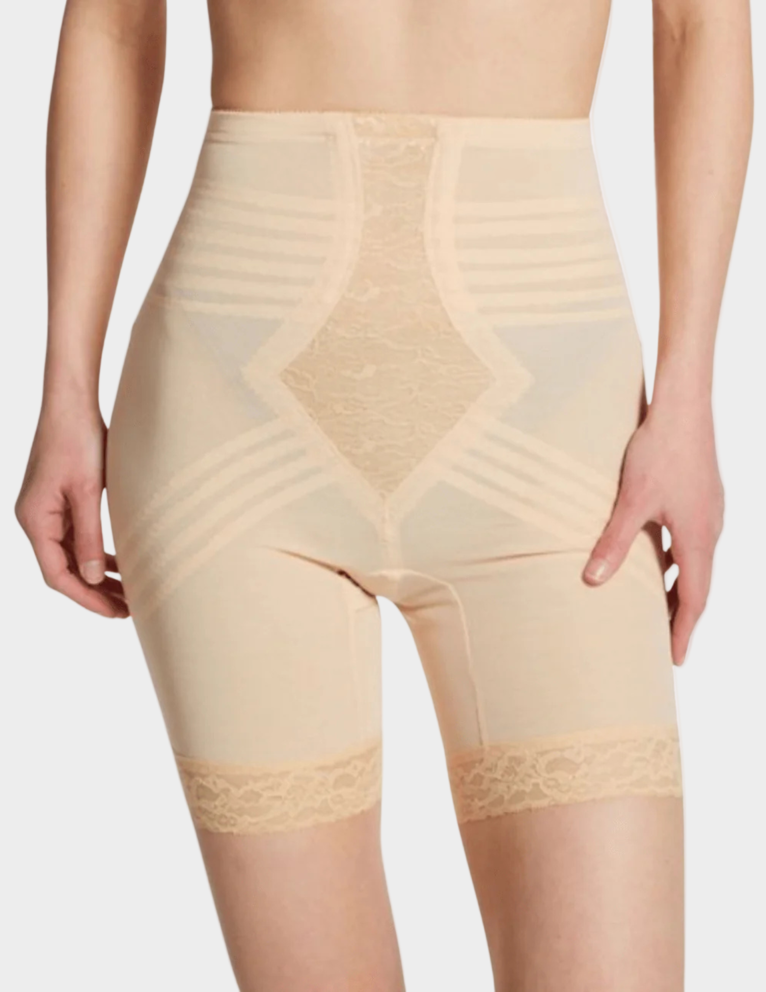 Front view of model wearing beige rago 6209 thigh slimmer
