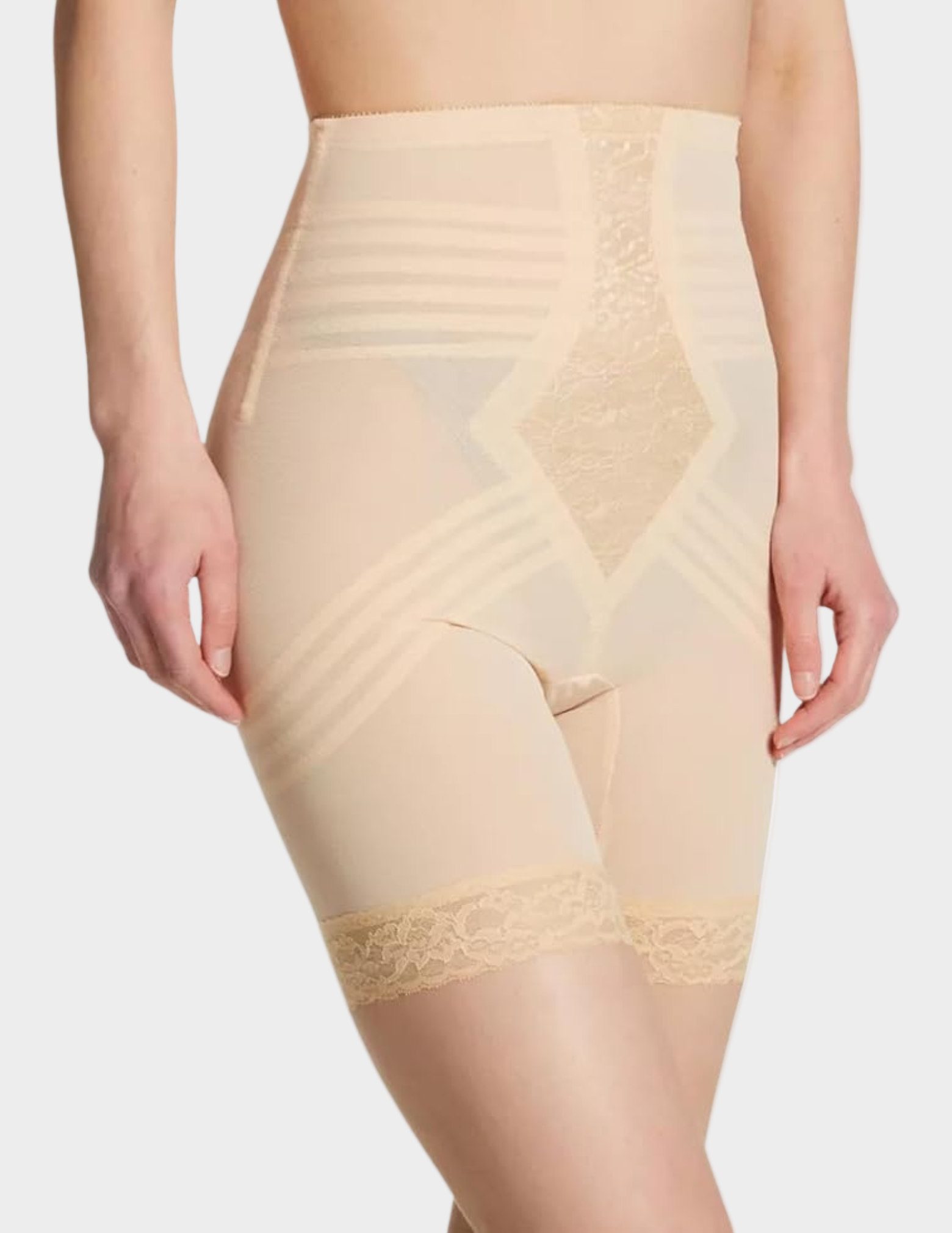 Side view of model wearing beige rago 6209 thigh slimmer