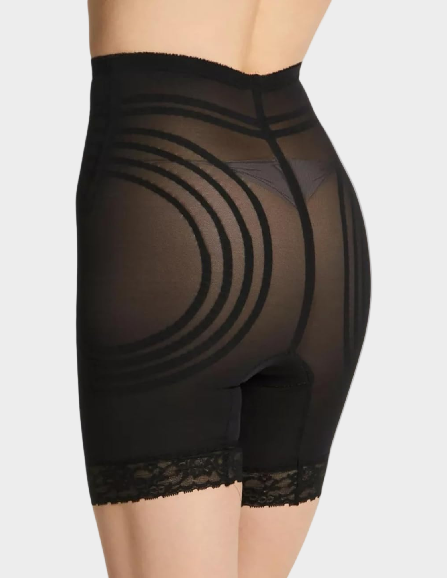 Back view of model wearing black rago 6209 thigh slimmer