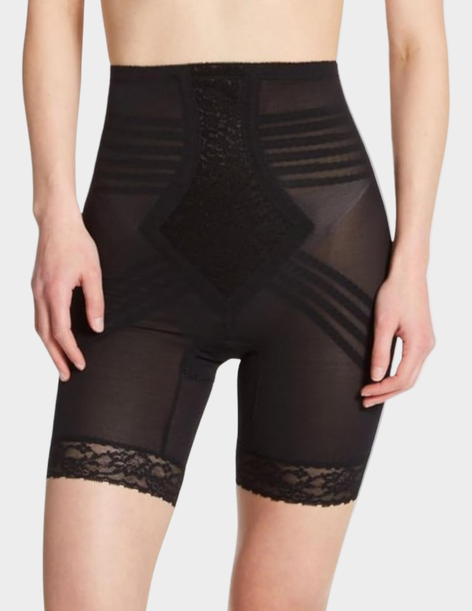 Front view of model wearing black rago 6209 thigh slimmer