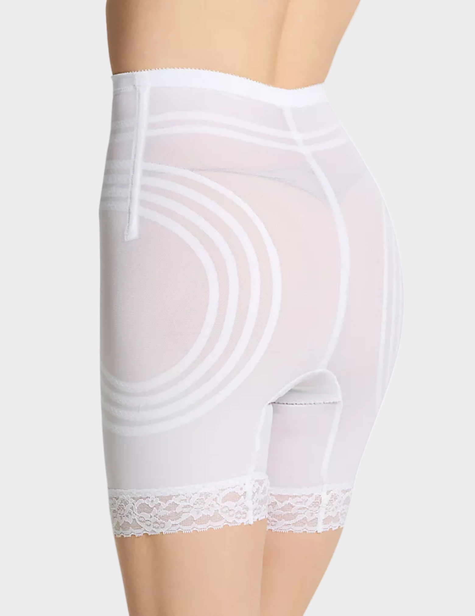 back view of model wearing white rago 6209 thigh slimmer